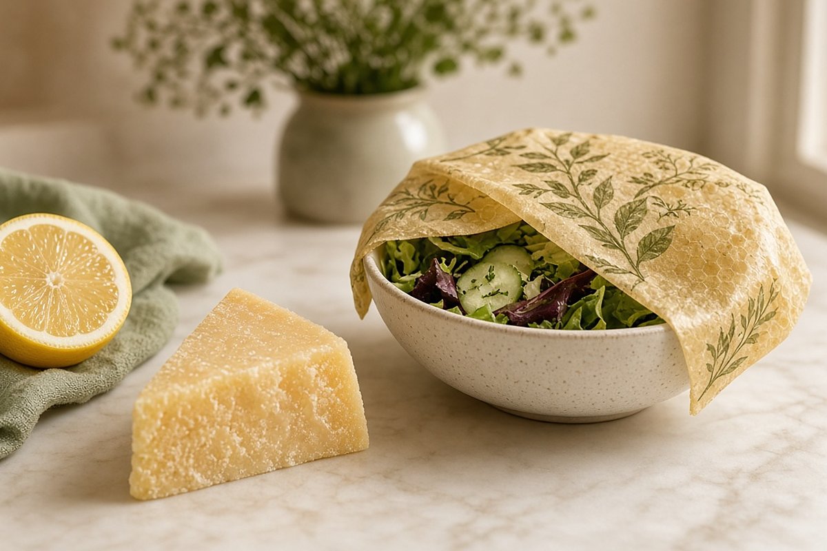 Beeswax wrap covering a salad bowl beside cheese and lemon